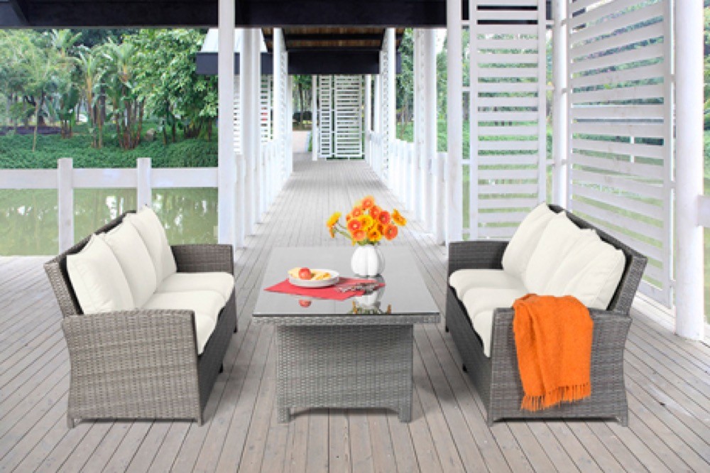 Rattan Gartentisch Peppels Lounge Dining, Stoffbezug beige