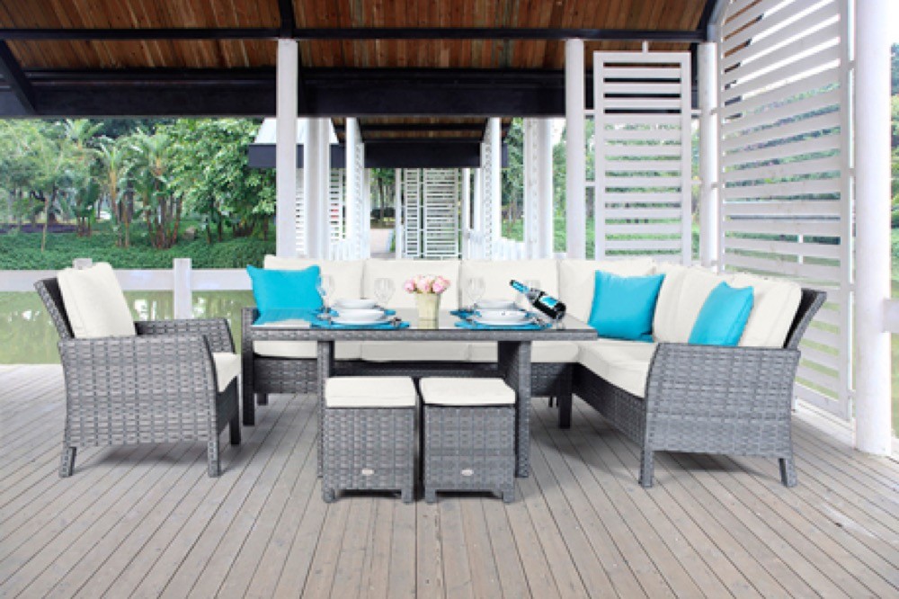 Rattan Lounge Dining Gartenmöbel Mauritius, Stoffbezug beige