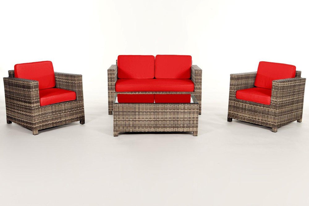 Rattanmöbel Dallas Lounge natural Stoffbezug rot