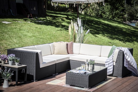 Rattan Garnitur Day schwarz Polster beige