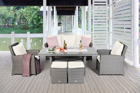 Rattan Lounge Dining Wilma Gartenmöbel grau, Stoffbezug beige