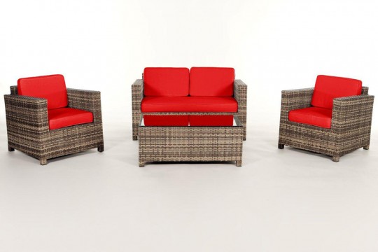Rattanmöbel Dallas Lounge natural Stoffbezug rot
