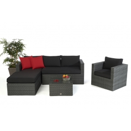 Gartenlounge Jurassic rechts mix grau, mit roten Dekokissen