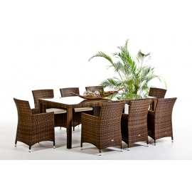 Gartentisch Rattan mit Glasplatte - 8 Stühle Jamaika mixbraun