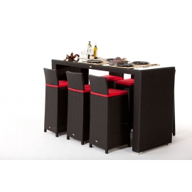Rattan Bar VIP 200cm, 6 Barhocker mit Lehne, Polster rot