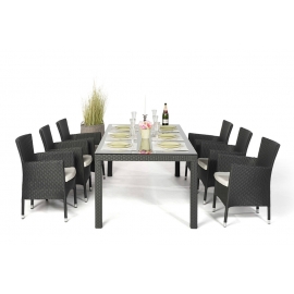 Rattan Esstisch Flora sechs Stühle schwarz