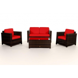 Rattan Lounge Dallas braun Stoffbezug rot